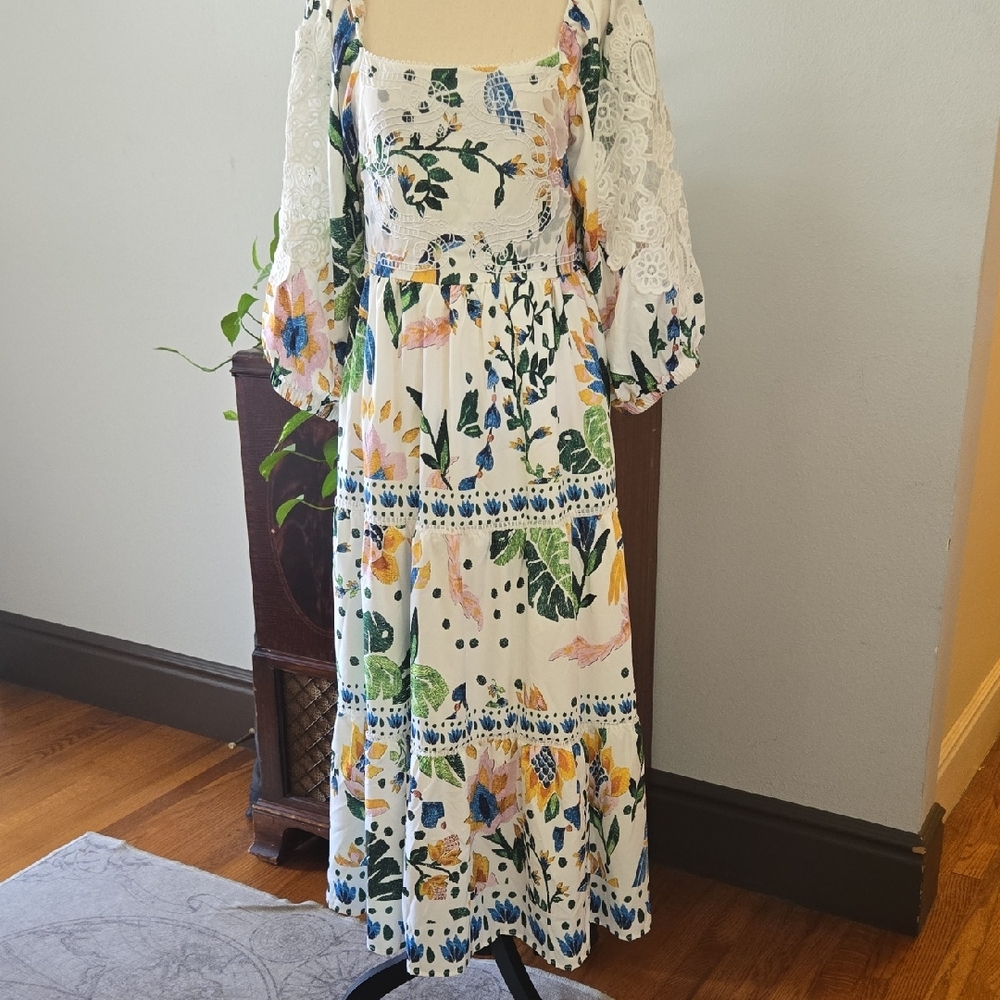 Floral White Dress with Lace Sleeves